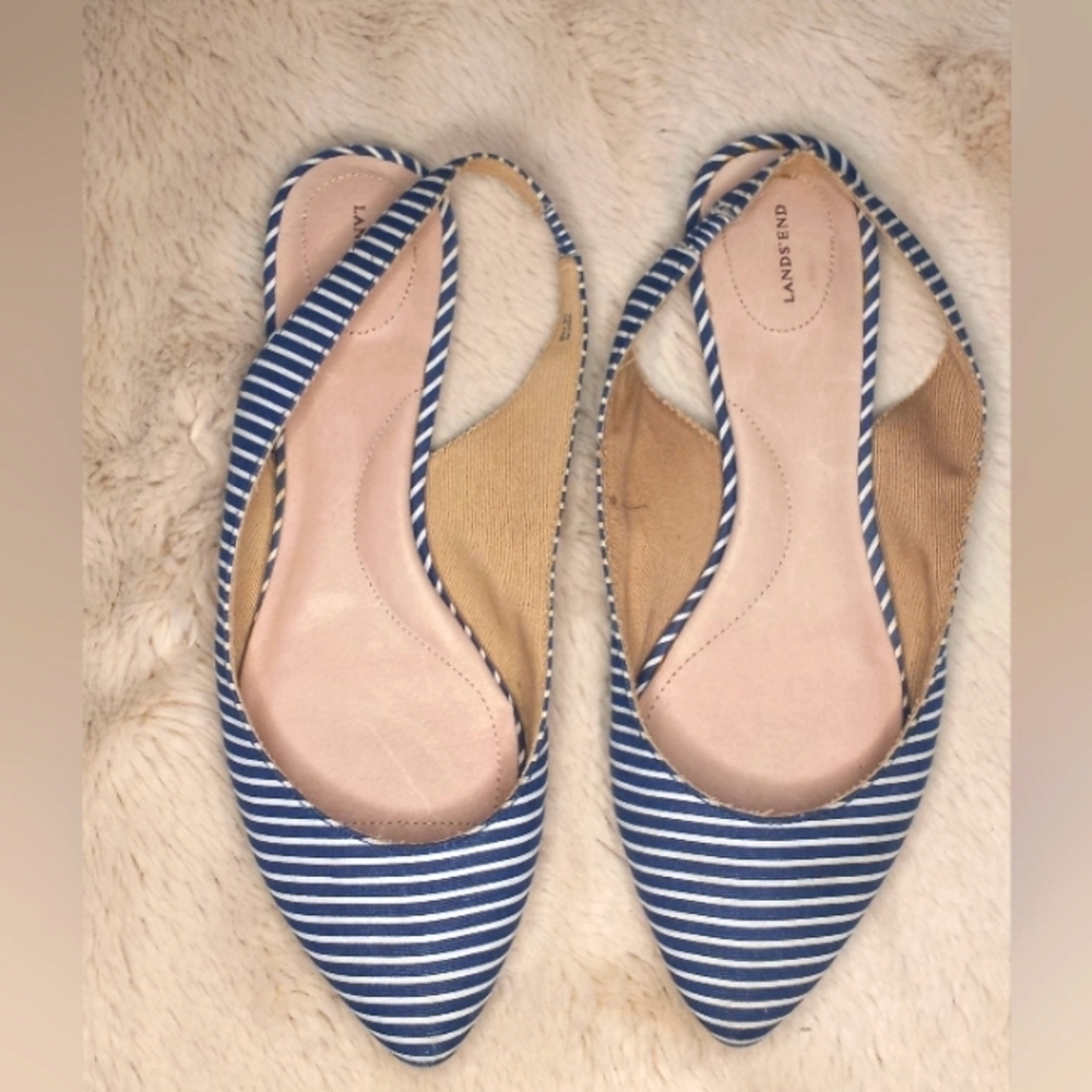 Lands End Nautical Preppy Striped White and Blue Coastal Comfy Slingback Flats